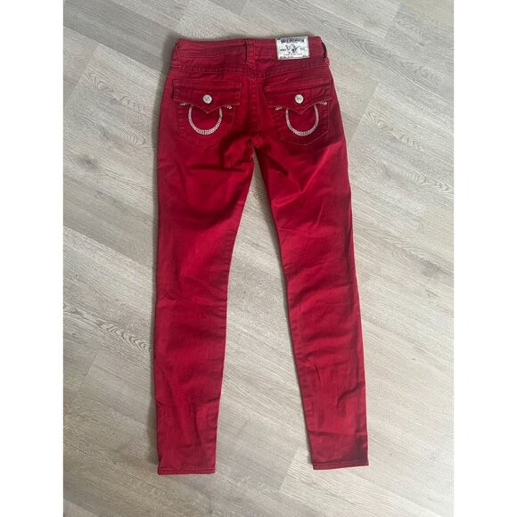 True Religion Swarovski Crystals Logo Leggings Red Skinny Jeans Size 26 - Picture 4 of 11